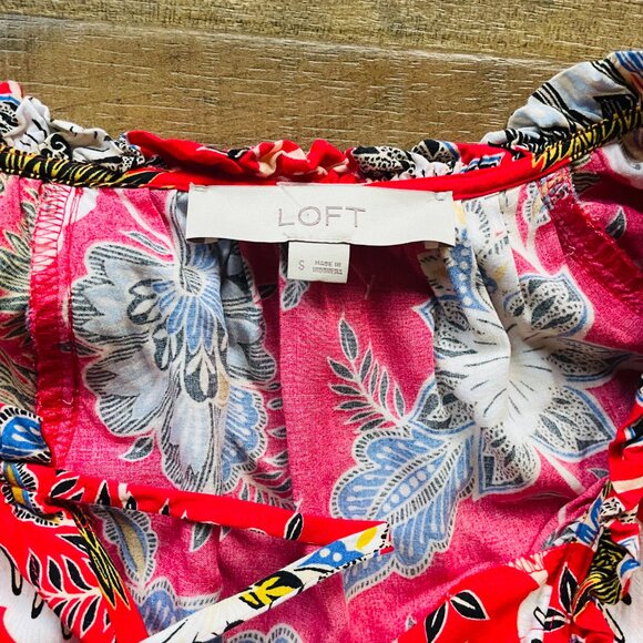 LOFT Red Floral Midi Dress Size Small | Ruffle Sleeve Boho Fit & Flare - Picture 6 of 10